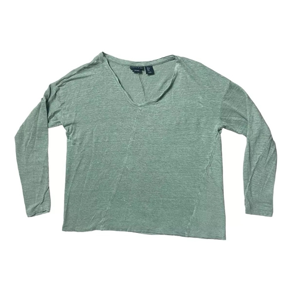 Tahari 100% Linen V Neck Top Size S Green Long Sleeve Assymetrical Knit Women